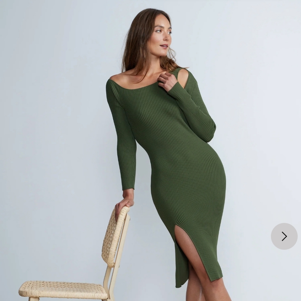 Shoulder Cut-out Sweater Dress in Heritage Green